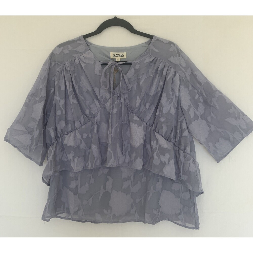 Listicle Boutique Womens Small Blue Embroider Floral Peasant Boho Top Shirt NEW